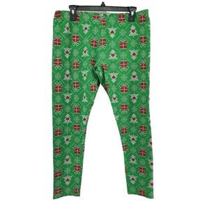 No Boundaries Green Present & Tree Print Pull-On Christmas Leggings XXL (19)